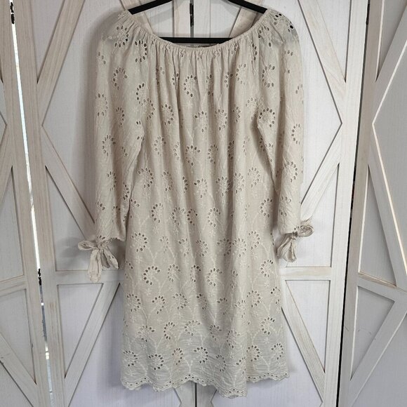 Valentina Naldi Off-Shoulder Eyelet Shift Dress in Sand - Picture 3 of 6